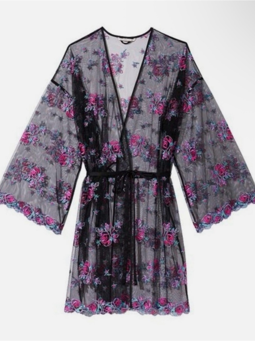 Victoria’s Secret Floral Embroidered Black Sheer Kimono Robe and Baby doll